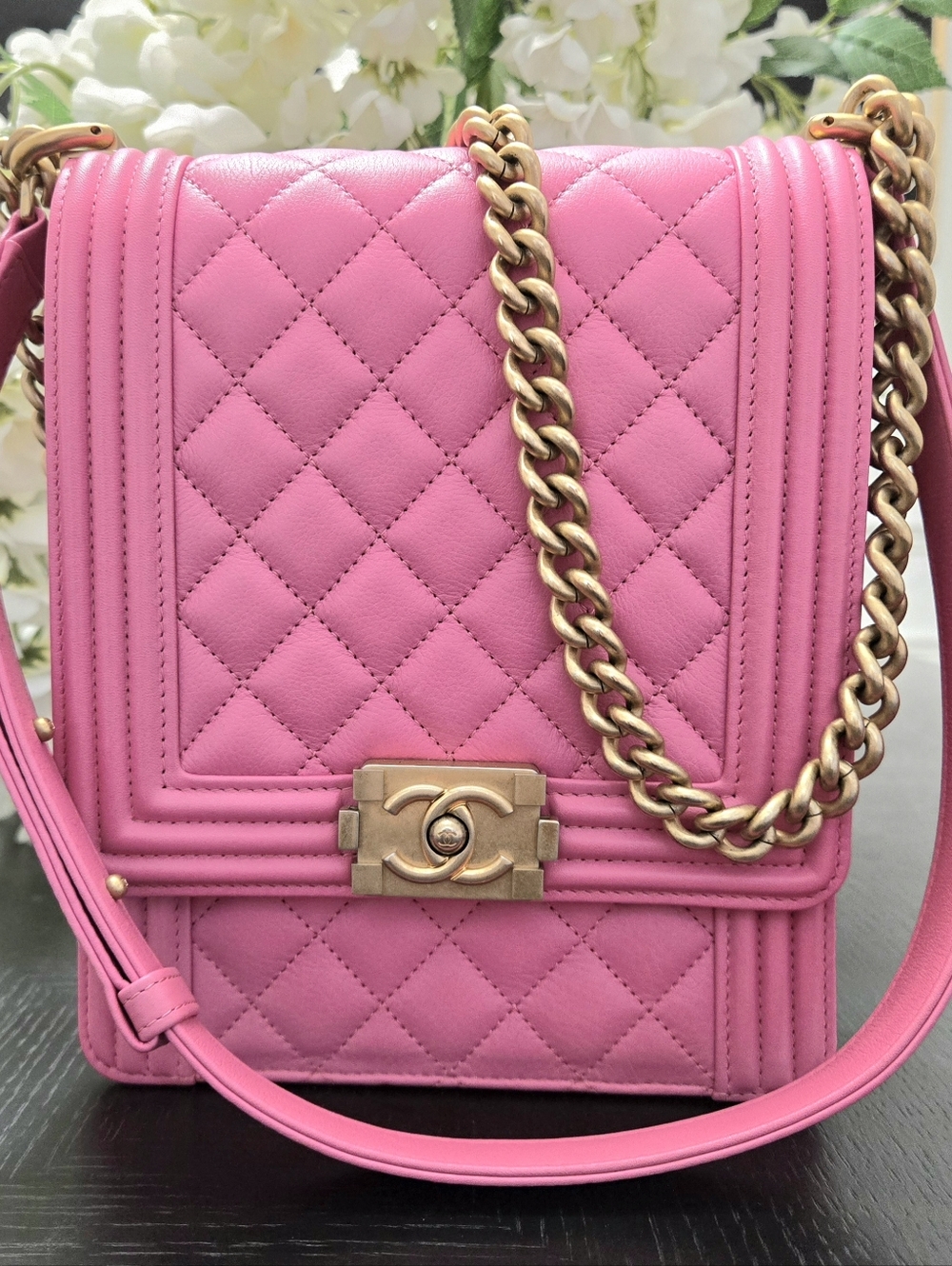 Chanel North South Pink Lambskin Quilted Bag With Gold Hardware